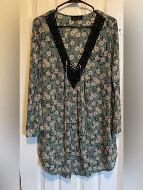 Savannah Rae Cole Sheer Floral Tunic Mini Dress with Lace-Up V-Neck